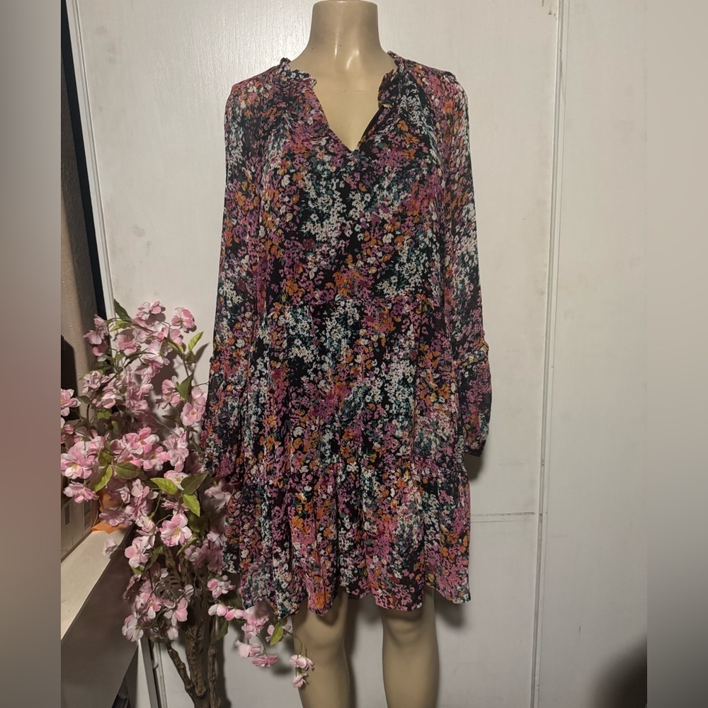 Vince Camuto Multicolor Dress Ditsy Floral Tiered Long Sleeve Sz M